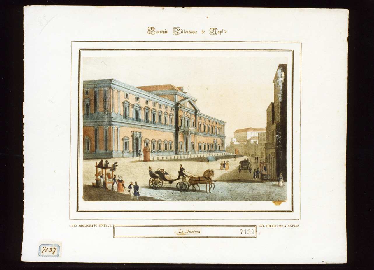 veduta del museo nazionale a napoli (stampa a colori) - ambito napoletano (secondo quarto sec. XIX)