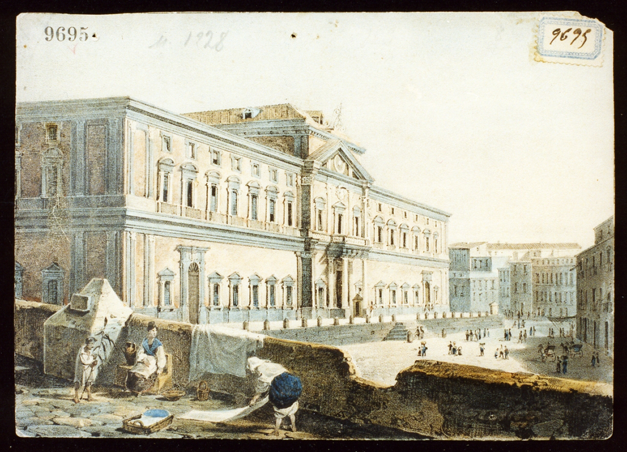 veduta del museo nazionale (stampa a colori) - ambito napoletano (secondo quarto sec. XIX)