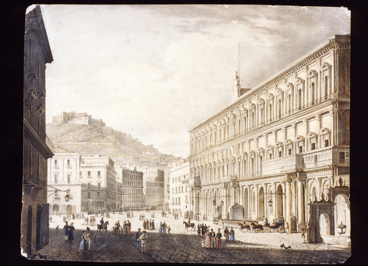 veduta del largo di palazzo a Napoli (stampa a colori) - ambito napoletano (secondo quarto sec. XIX)