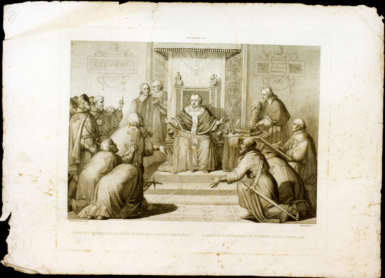 papa Clemente V interroga i templari (stampa) di Marchetti Domenico, De Vivo Tommaso (sec. XIX)