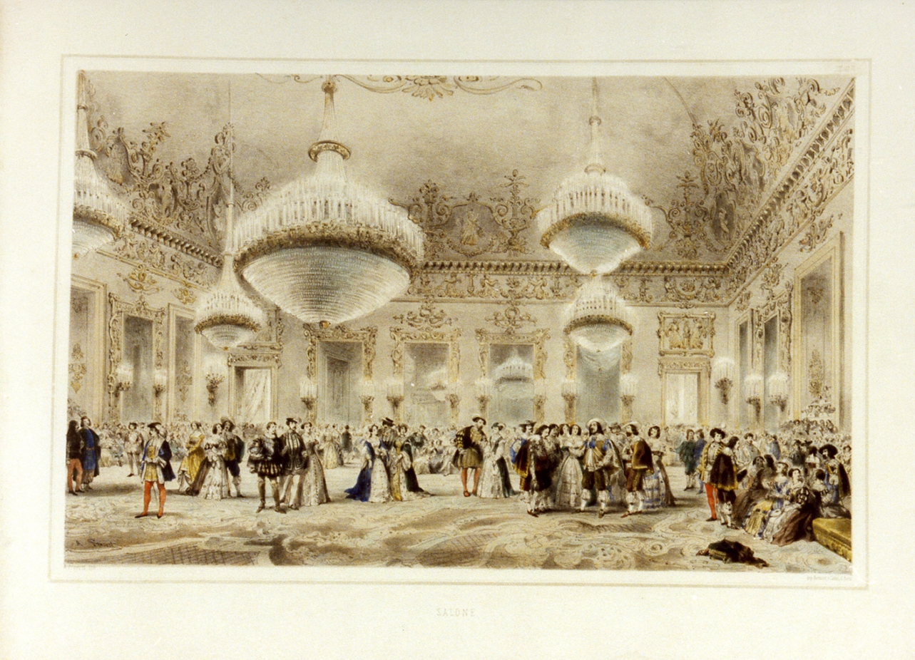 veduta del salone del Palazzo Reale di Napoli (stampa a colori) - ambito napoletano (sec. XIX)