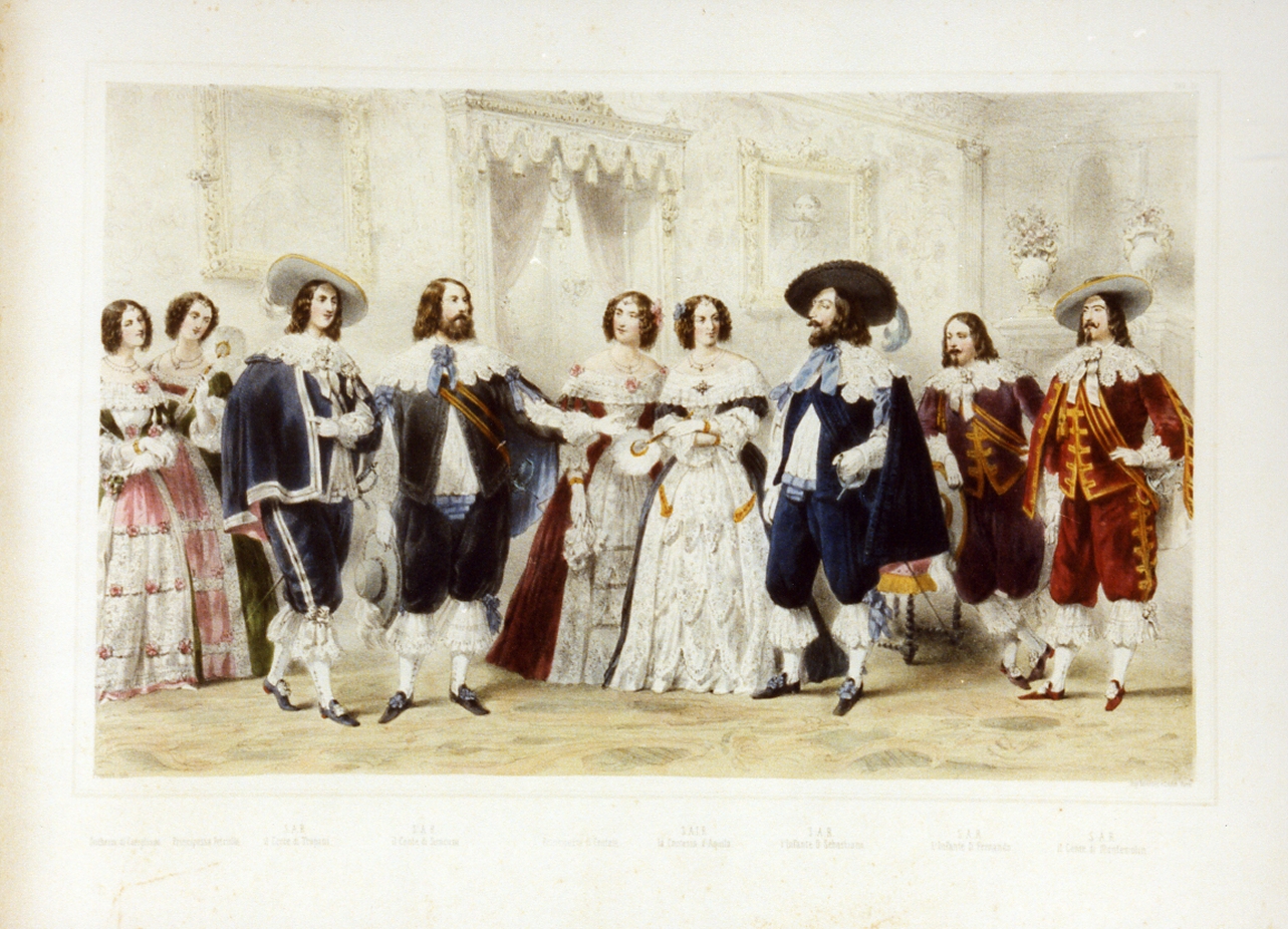 personaggi della corte borbonica in costume (stampa a colori) - ambito napoletano (sec. XIX)