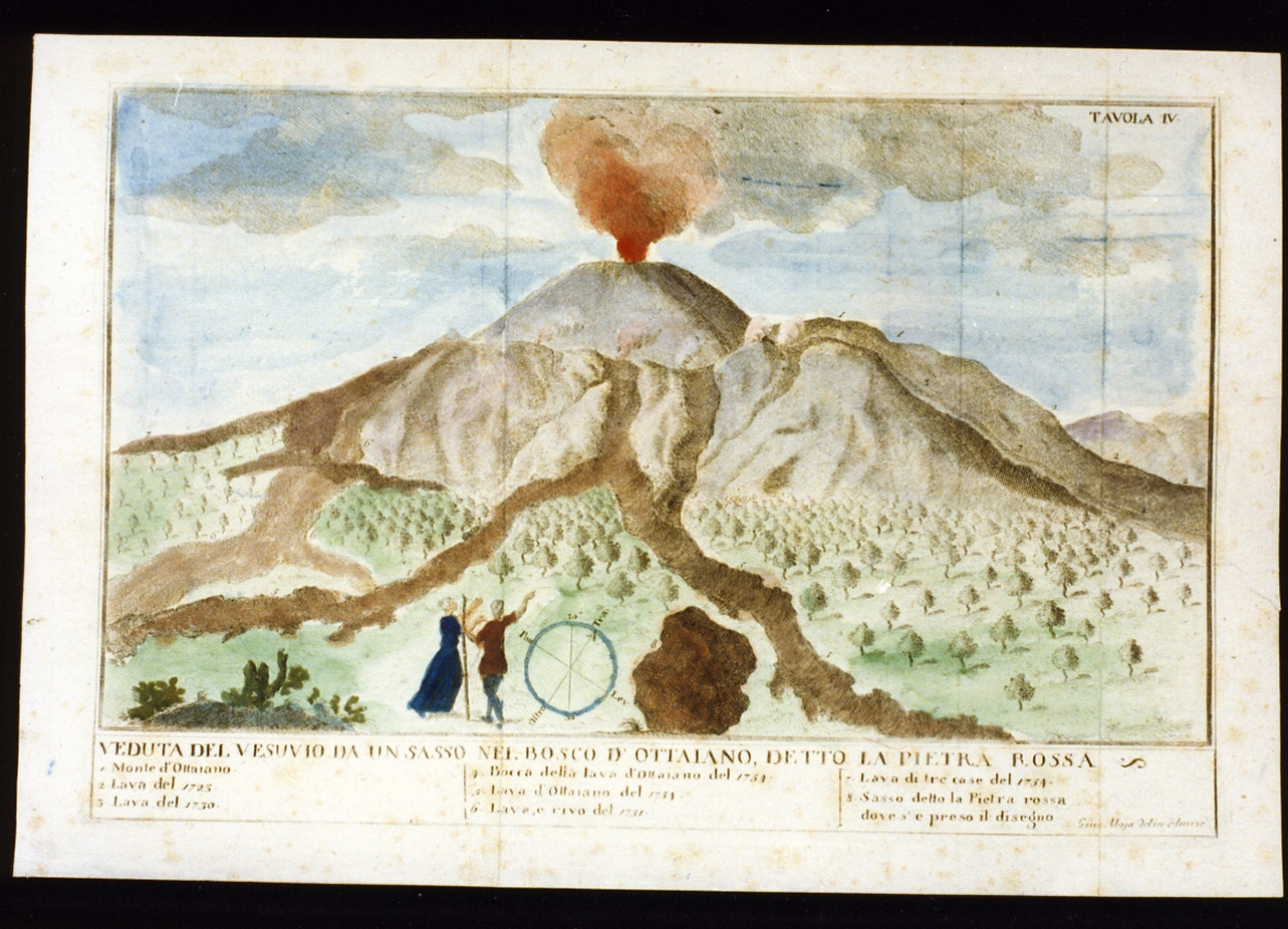 veduta del Vesuvio in eruzione dal bosco di Ottaviano (stampa a colori) di Aloja Giuseppe (seconda metà sec. XVIII)