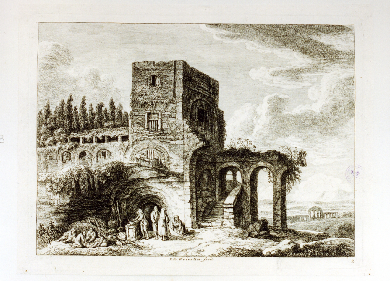 paesaggio con rovine (stampa tagliata) di Weirotter Franz Edmund (sec. XVIII)