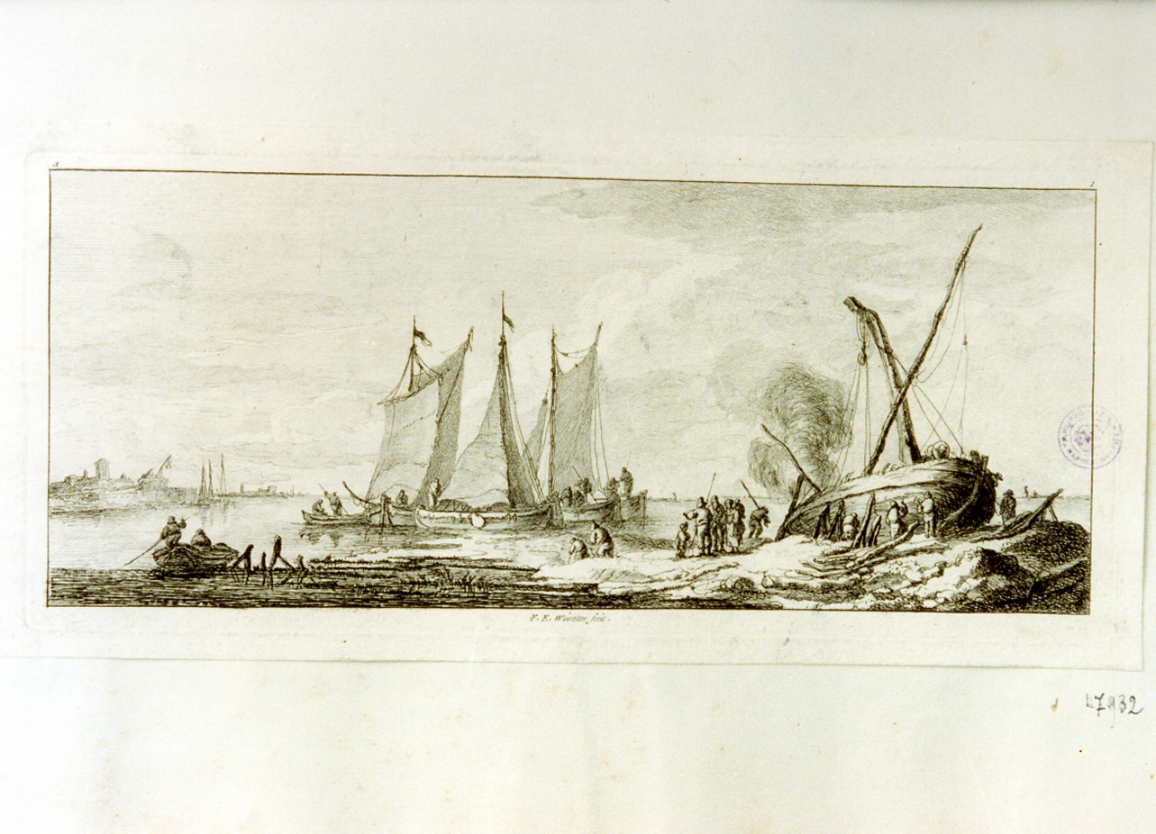 marina con pescatori e barche (stampa tagliata) di Weirotter Franz Edmund (sec. XVIII)