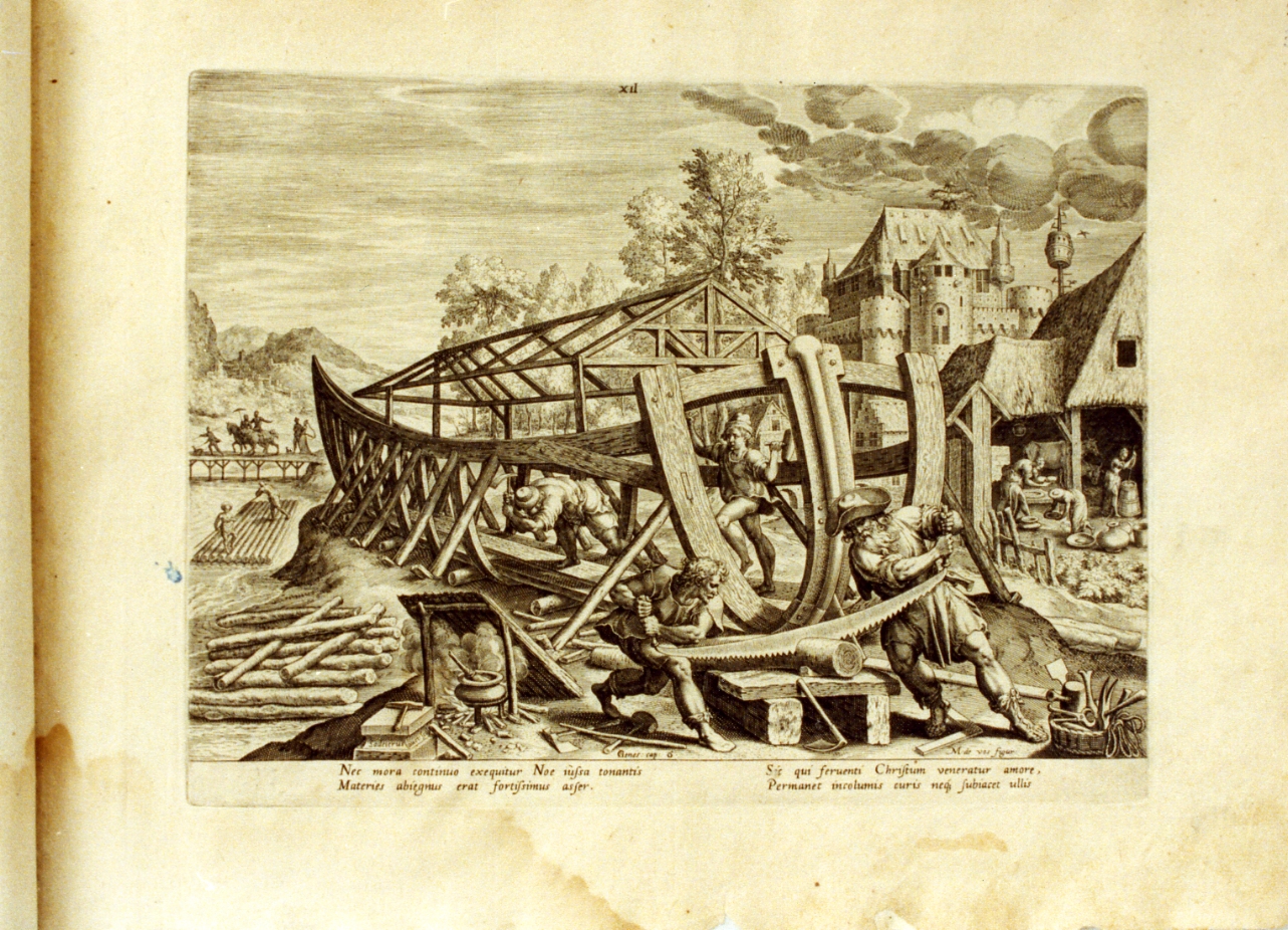 costruzione dell'arca di Noè (stampa) di Sadeler Jan il Vecchio (sec. XVI)