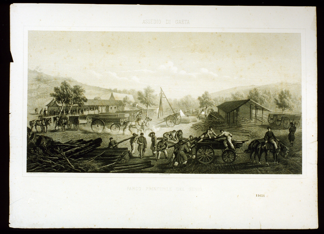 veduta del parco del Genio nell'assedio di Gaeta (stampa a colori) di Bucco Luigi (sec. XIX)