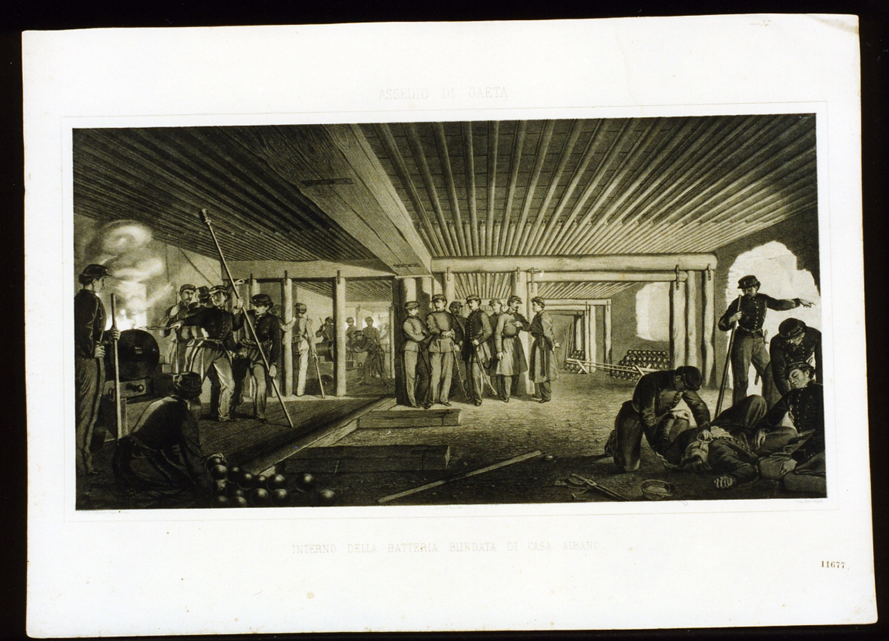 interno della batteria blindata di casa Albano nell'assedio di Gaeta (stampa a colori) di Bucco Luigi (sec. XIX)