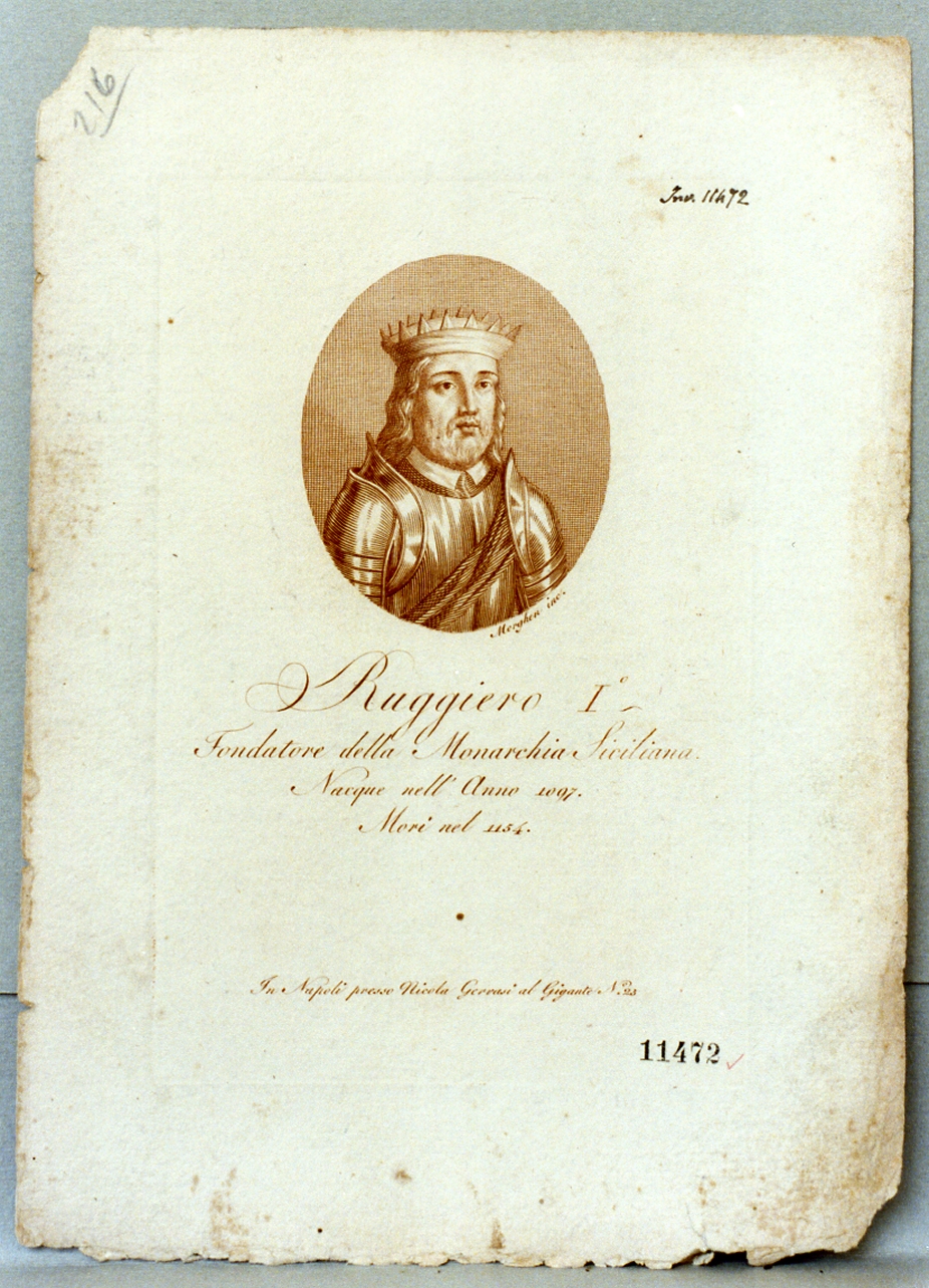ritratto di Ruggiero I il Normanno (stampa a colori) di Morghen Guglielmo (prima metà sec. XIX)