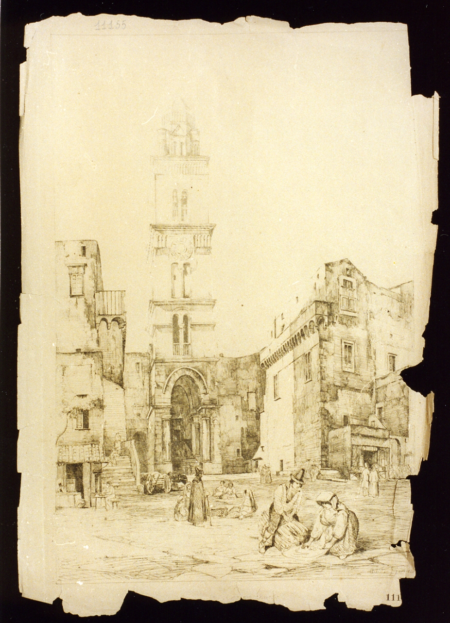 veduta del campanile di Sant'Erasmo a Gaeta (stampa) di Gigante Achille (sec. XIX)