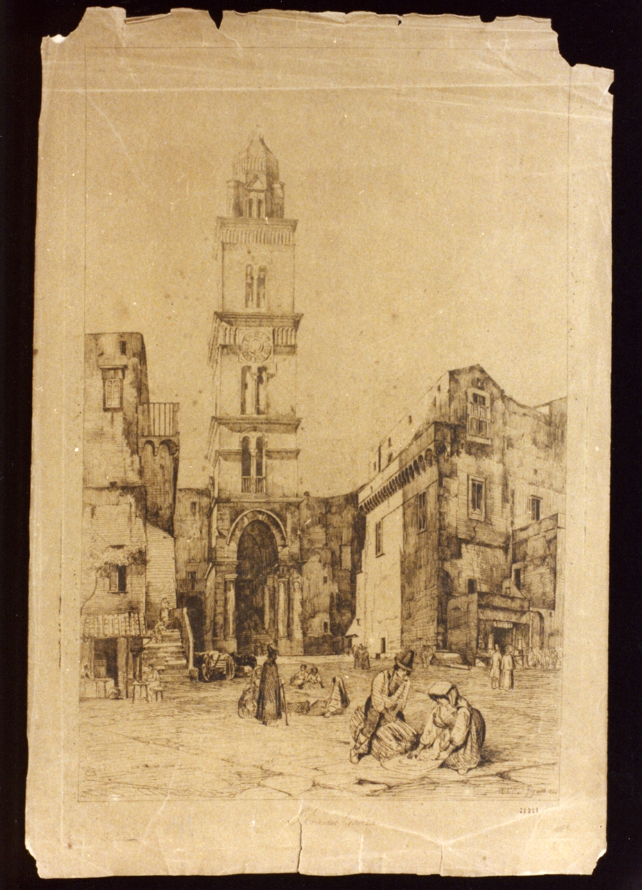 veduta del campanile di Sant'Erasmo a Gaeta (stampa) di Gigante Achille (sec. XIX)