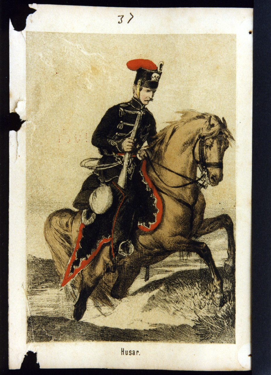 militare dell'esercito prussiano: ussaro (stampa a colori) - ambito tedesco (ultimo quarto sec. XIX)