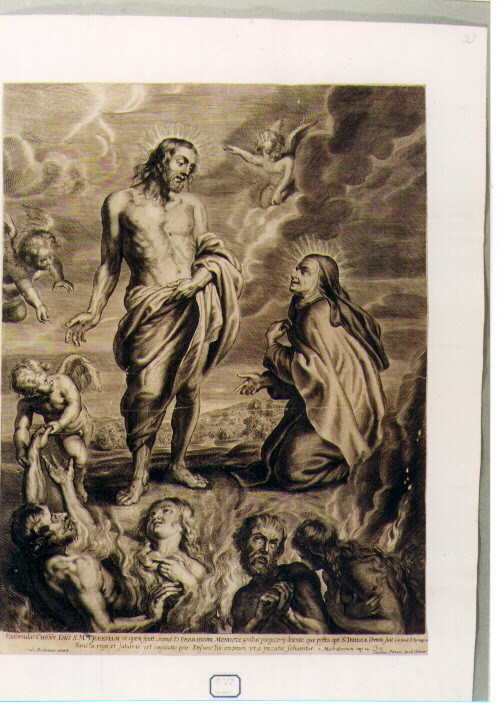 Santa Teresa d'Avila intercede presso Cristo per le anime del purgatorio (stampa) di Rubens Pieter Paul (sec. XVII)
