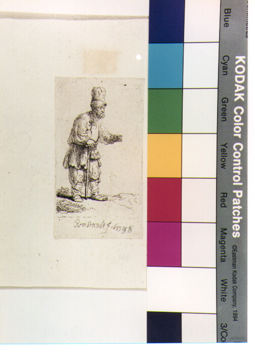 figura maschile con cappello e bastone (stampa) di Van Rijn Rembrandt Harmenszoon (sec. XVII)