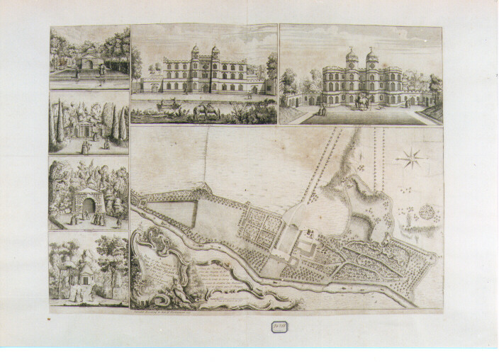 pianta e veduta della Villa e del Parco di Henry Pelham a Echa nellacontea del Surry (stampa) di Rocque Jean (sec. XVIII)