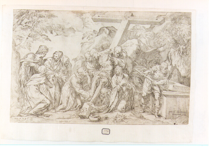 deposizione di Cristo dalla croce con San Francesco d'Assisi (stampa) di Farinati Paolo (sec. XVI)