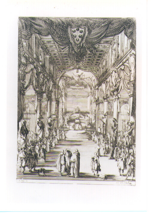 INTERNO DELLA CHIESA DI SAN LORENZO CON FIGURE (stampa) di Della Bella Stefano (sec. XVII)