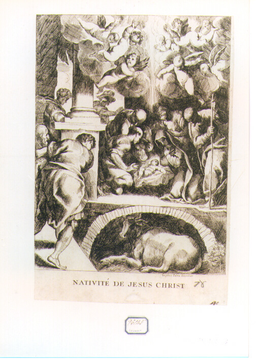 ADORAZIONE DEI PASTORI (stampa controfondata smarginata) di Negretti Jacopo detto Jacopo Palma il Giovane - ambito francese (?) (prima metà sec. XVIII)