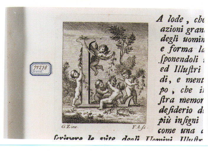 CAPOLETTERA L CON PUTTI CHE INTRECCIANO CORONE DI ALLORO (stampa) di Zocchi Giuseppe, Allegrini Francesco (sec. XVIII)