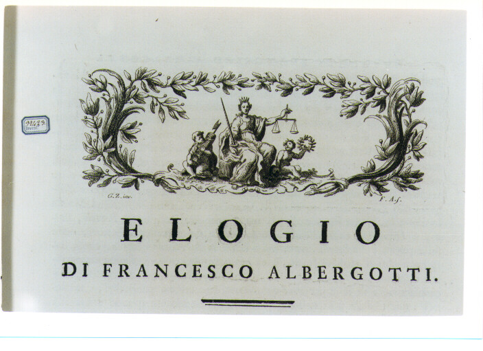 ALLEGORIA DELLA GIUSTIZIA TRA LA PACE E LA GUERRA (stampa) di Zocchi Giuseppe, Allegrini Francesco (sec. XVIII)