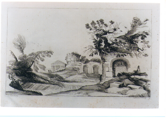 PAESAGGIO CON ROVINE E FIGURE (stampa) di Barbieri Giovan Francesco detto Guercino, Penna Giovanni Carlo (sec. XVIII)