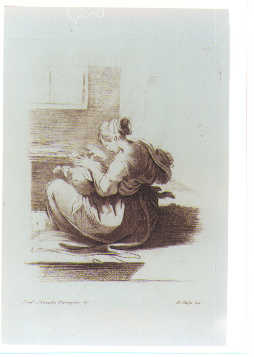 FIGURA FEMMINILE CHE GIOCA CON CANE (stampa a colori) di Mazzola Francesco detto Parmigianino, Bossi Benigno (sec. XVIII)