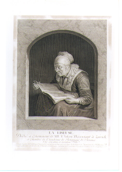 VECCHIA CHE LEGGE (stampa controfondata) di Dauw G, Wille Johann Georg (seconda metà sec. XVIII)