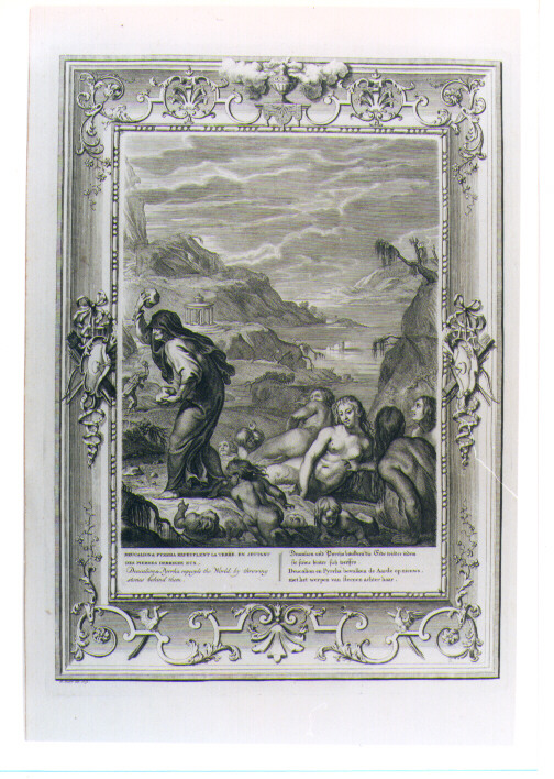 DEUCALIONE E PIRRA GETTANO PIETRE DIETRO LE LORO SPALLE (stampa) di Picart Bernard (sec. XVIII)