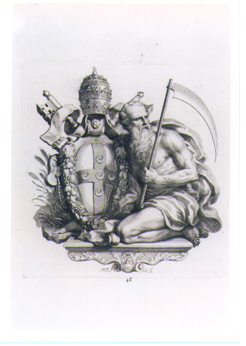ALLEGORIA DEL TEMPO CON STEMMA PAPALE (stampa) di Van Audenaerde Robert (sec. XVIII)