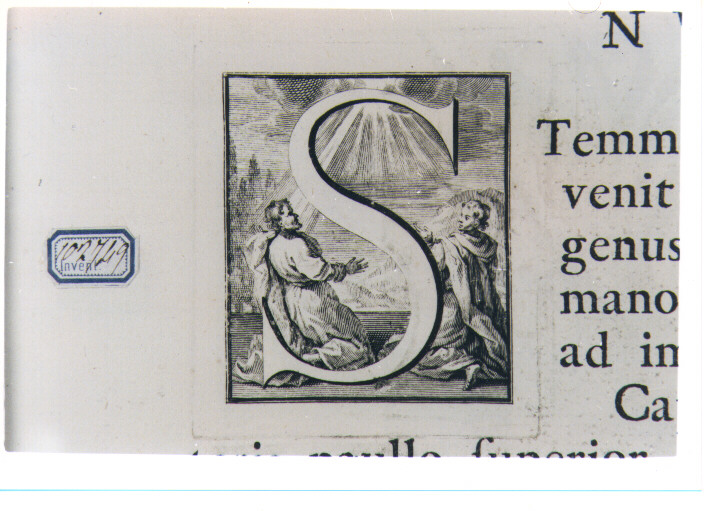 CAPOLETTERA S CON DUE FIGURE MASCHILI ORANTI (stampa) di Van Audenaerde Robert (sec. XVIII)