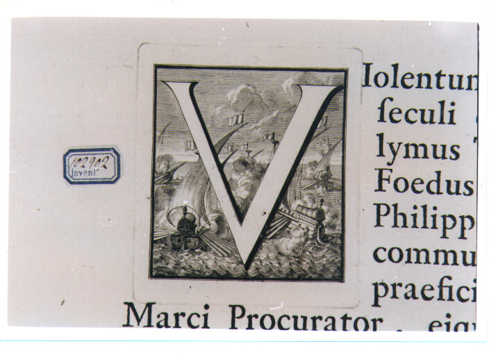 CAPOLETTERA V CON BATTAGLIA NAVALE (stampa) di Van Audenaerde Robert (sec. XVIII)