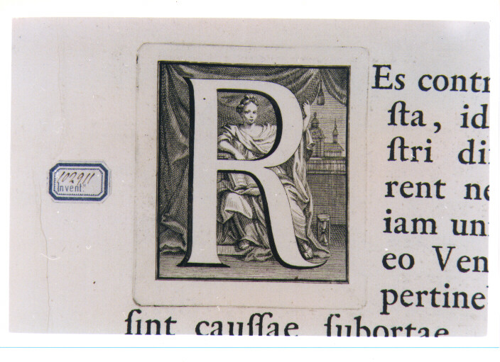 CAPOLETTERA R CON FIGURA ALLEGORICA FEMMINILE (stampa) di Van Audenaerde Robert (sec. XVIII)