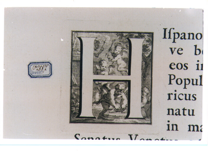 CAPOLETTERA H CON PUTTI ALATI CON FRECCE (stampa) di Van Audenaerde Robert (sec. XVIII)