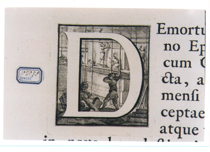 CAPOLETTERA D CON COSTRUZIONE DI UN EDIFICIO (stampa) di Van Audenaerde Robert (sec. XVIII)