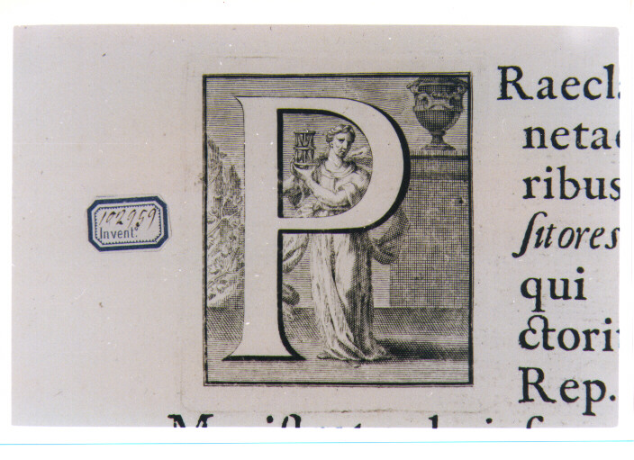 CAPOLETTERA P CON FIGURA ALLEGORICA FEMMINILE (stampa) di Van Audenaerde Robert (sec. XVIII)