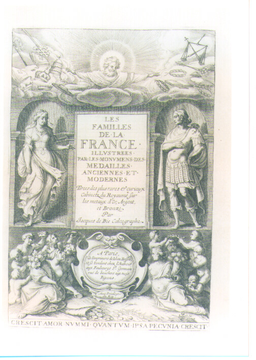 DIO PADRE DISTRIBUISCE SIMBOLI DELLA GLORIA E DELLA GIUSTIZIA (stampa) di De Bie Jacques detto Jacobus Biesius (sec. XVII)