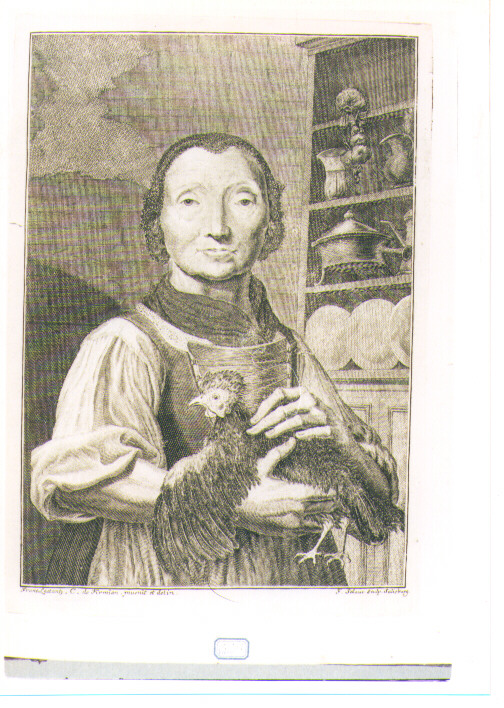 FIGURA FEMMINILE CON GALLO (stampa) di Von Firmian Franz Lactanz, Schauer Franz Sebastian (metà sec. XVIII)