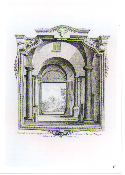 VEDUTA INTERNA DELL'INGRESSO DEL MONASTERO DI SAN MICHELE IN BOSCO (stampa) di Panfili Pio (sec. XVIII)