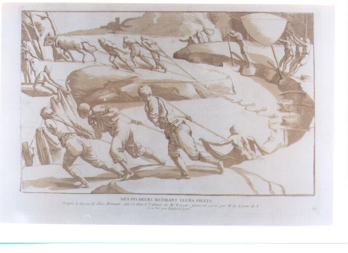 MARINA CON PESCATORI (stampa colorata a mano) di Pippi Giulio detto Giulio Romano, De Caylus Anne Claude Philippe, Lesueur Nicolas (sec. XVIII)