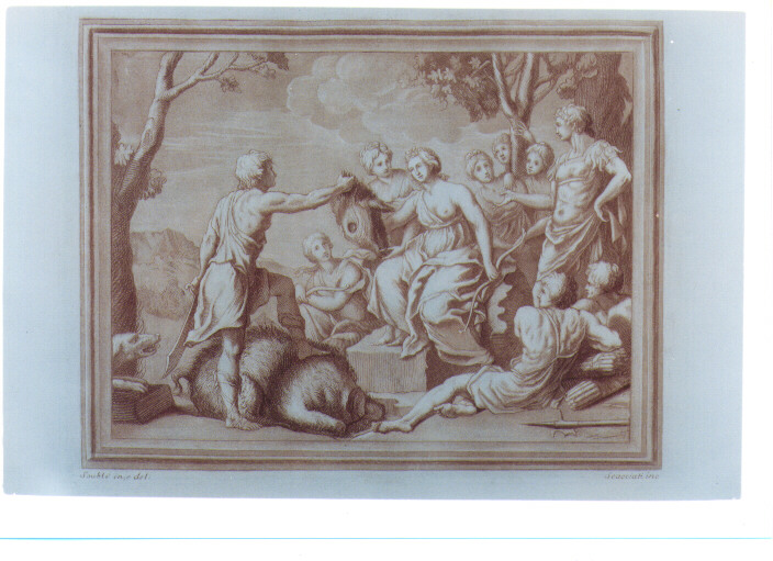 CACCIATORE OFFRE UN CINGHIALE A DIANA (stampa a colori) di Subleyras Pierre, Scacciati Andrea II (sec. XVIII)