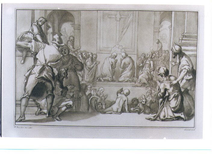 DUE SANTI PREGANO AI PIEDI DELLA CROCE (stampa a colori) di Scacciati Andrea II, Zuccari Federico (sec. XVIII)