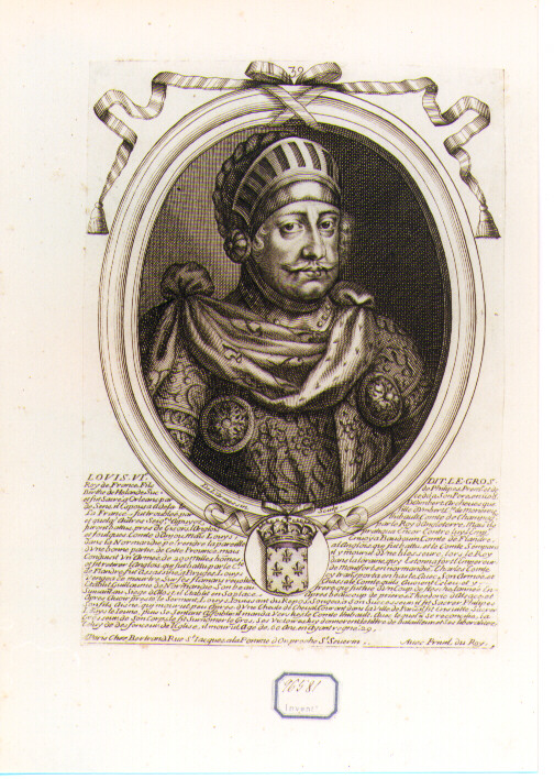 RITRATTO DI LUIGI VI RE DI FRANCIA (stampa controfondata smarginata) di De Larmessin Nicolas il Vecchio (seconda metà sec. XVII)