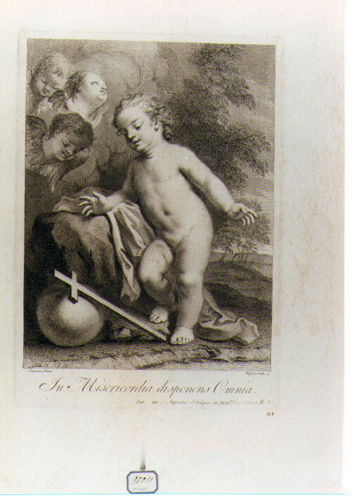 GESU' BAMBINO MEDITA SUI SIMBOLI DELLA PASSIONE (stampa controfondata) di Amigoni Jacopo, Wagner Joseph (sec. XVIII)