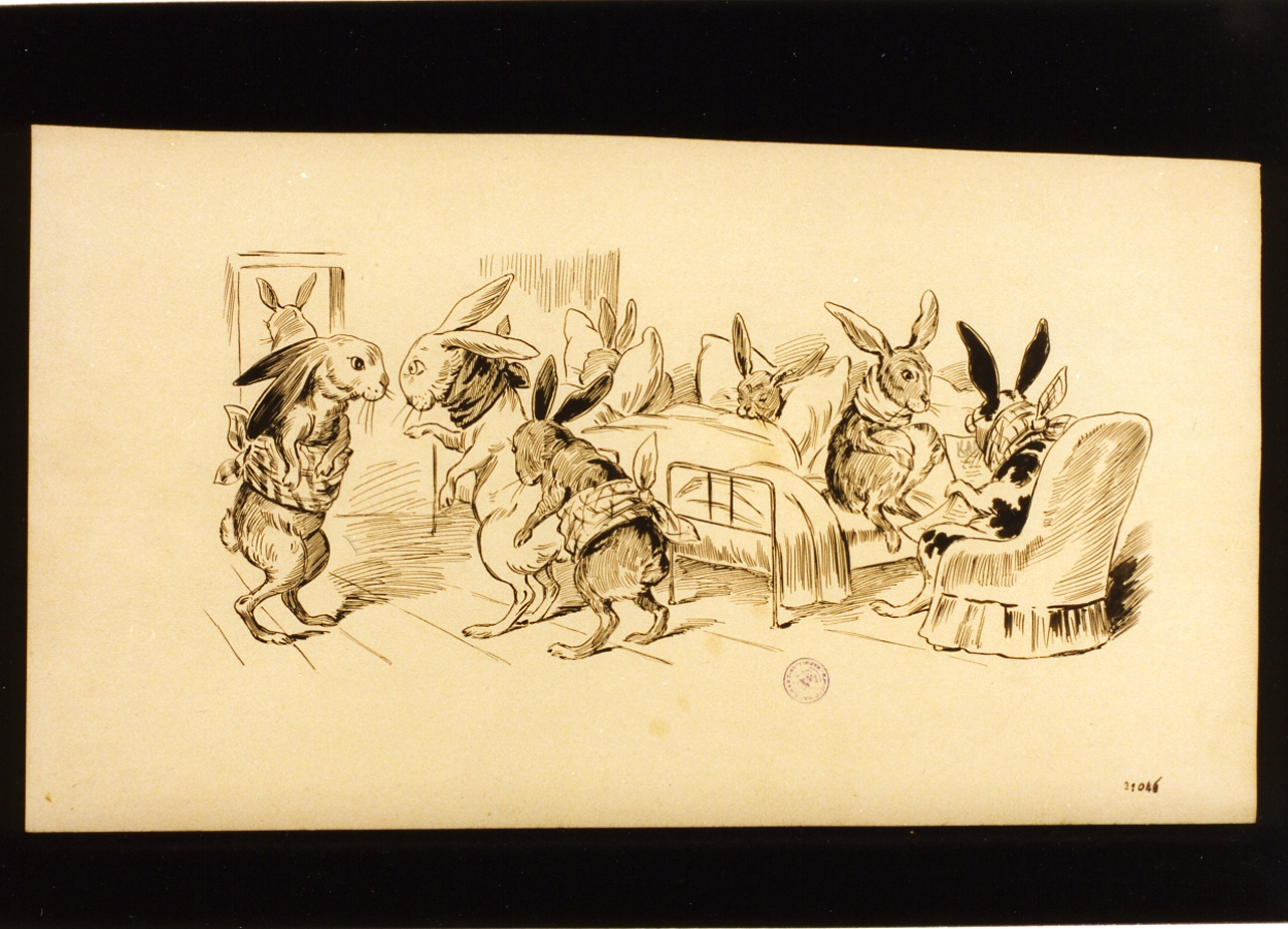 raffigurazione caricaturale di lepri ammalate (disegno) di Schmidt Alfred Michael Roedsted (secc. XIX/ XX)