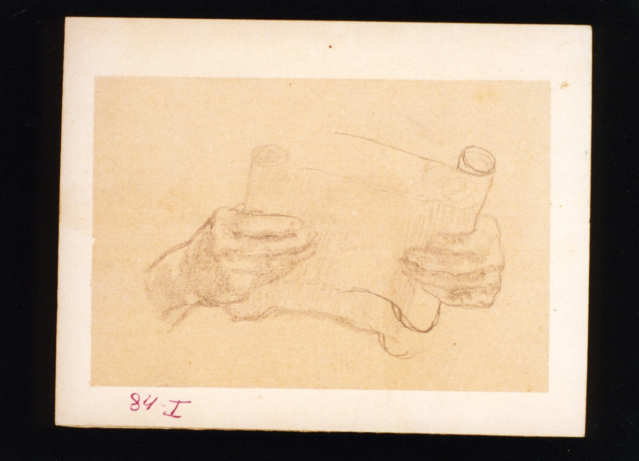 studio di mani con rotolo (disegno) di Vetri Paolo (fine/inizio secc. XIX/ XX)