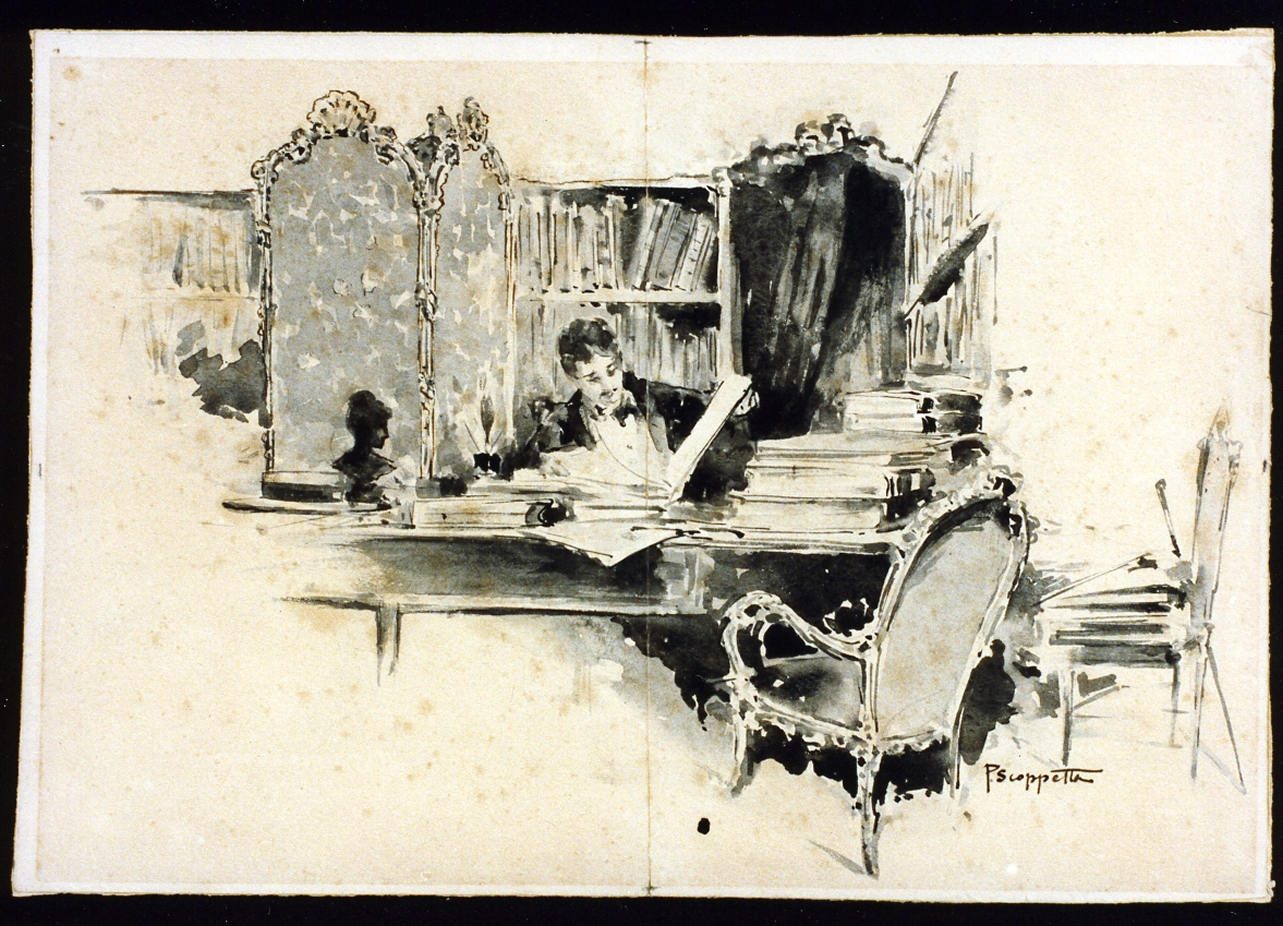 interno di una biblioteca con figura maschile che legge (disegno) di Scoppetta Pietro (fine/inizio secc. XIX/ XX)