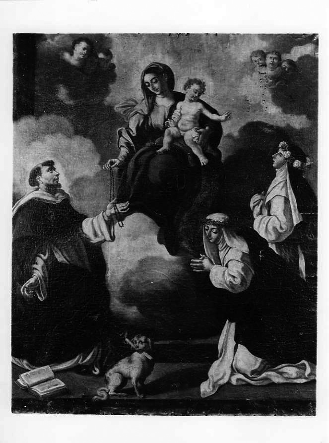Madonna del Rosario tra angeli frati e suore domenicane (dipinto) - ambito campano (sec. XVIII)