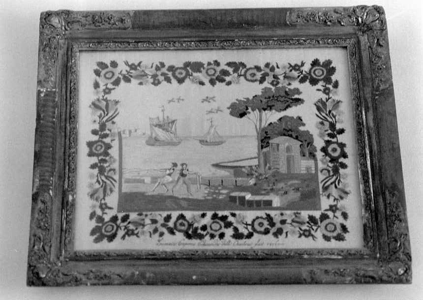 marina con pescatori e barche (decorazione a ricamo) - ambito beneventano (sec. XIX)