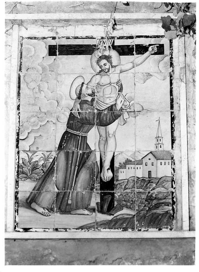 San Francesco d'Assisi abbraccia Cristo crocifisso (rilievo) - bottega campana (fine sec. XIX)