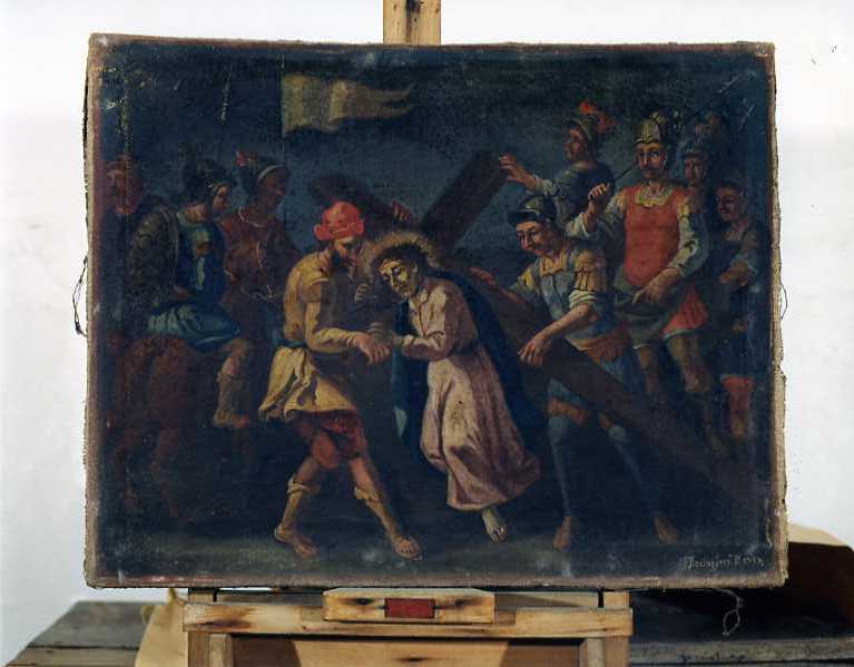 stazione V: Gesù aiutato da Simone il Cireneo a portare la croce (dipinto) di Frascadore Decio (sec. XVIII)